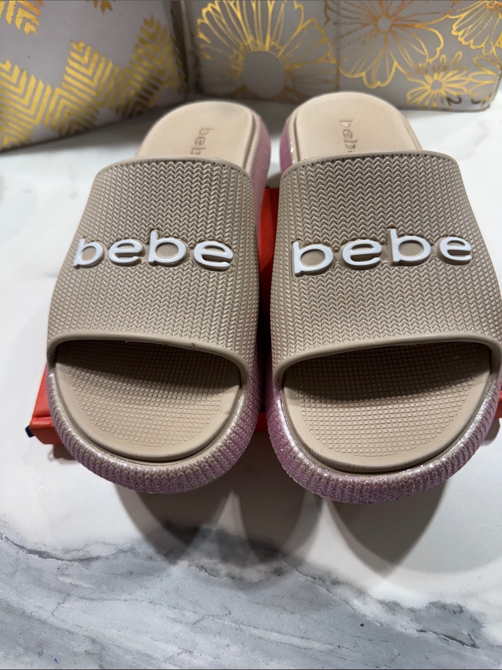 Bebe Womens Tan Pink Glitter Platform Sport Slide Sandals Womens 10